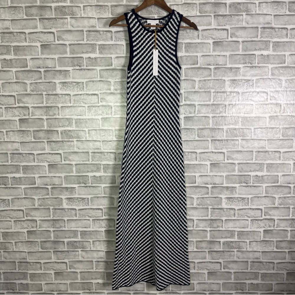 NWT House Of Harlow Navy Blue Asymmetrical Striped Sleeveless Knit Maxi Dress M